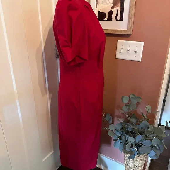 ASOS cranberry fitted puff sleeves back zipper back slit 8 midi pleats dress - Picture 5 of 14